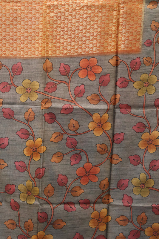 Tussar Saree Zari Lotus Pattern - Orange