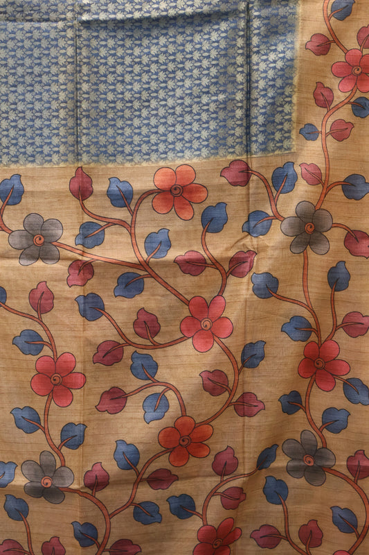 Tussar Saree Zari Lotus Pattern - Blue