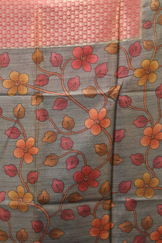 Tussar Saree Zari Lotus Pattern - Pink