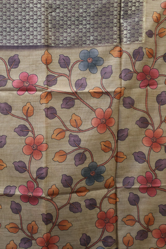 Tussar Saree Zari Lotus Pattern - Wine