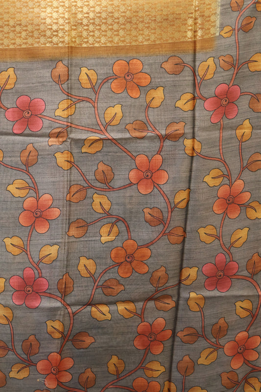 Tussar Saree Zari Lotus Pattern - Mustard