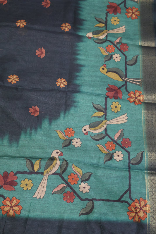 Jute Tussar Saree-Bottle Green Bird Print