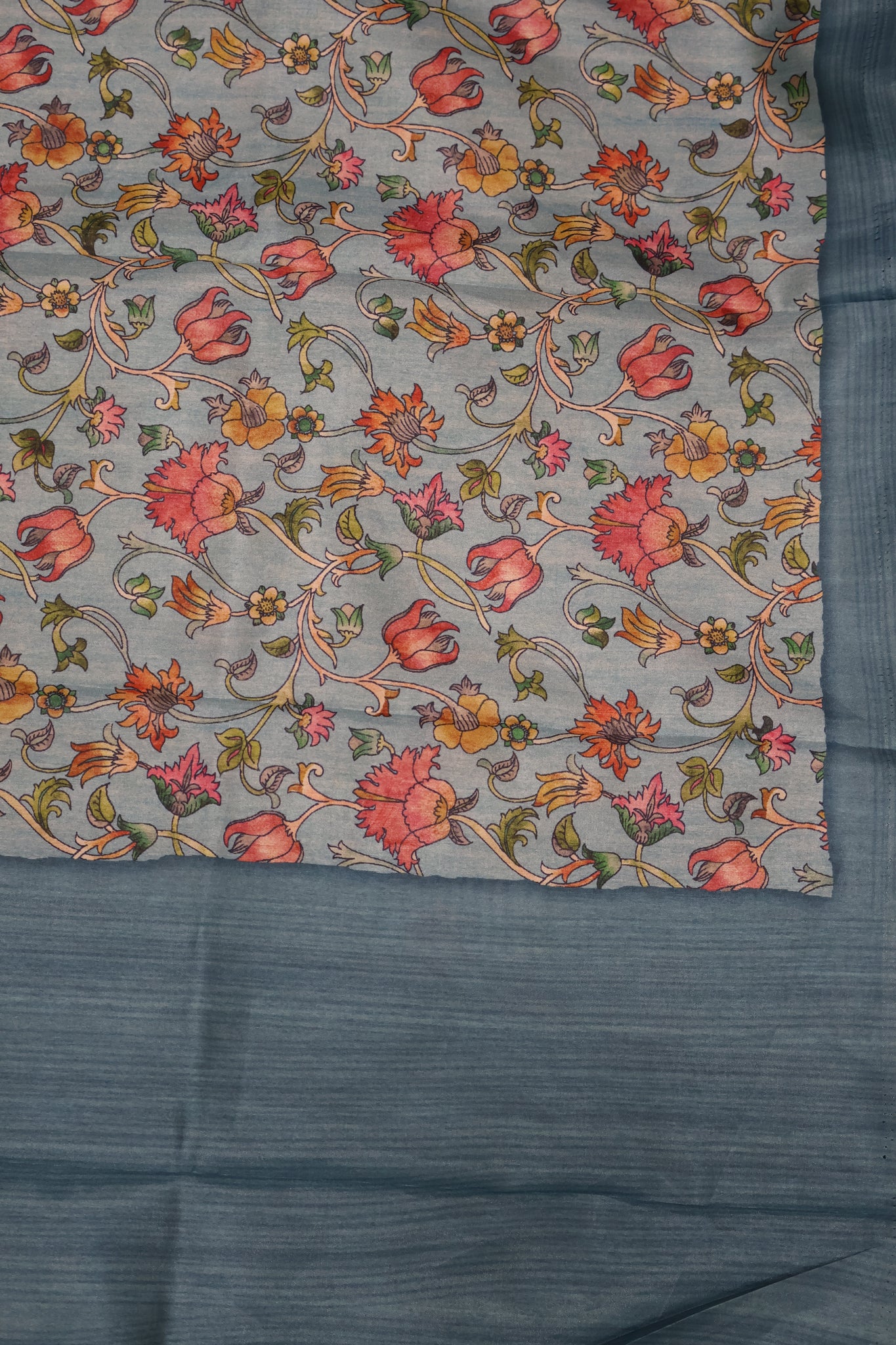 Semi Printed Silk Saree -Blue Kalamkari Body