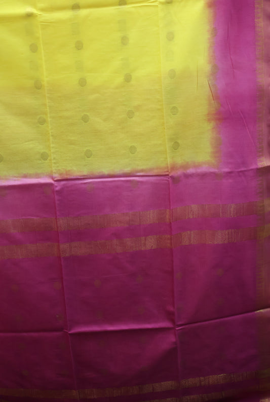 Semi Bhagalpur Tussar Saree-Yellow-Pink