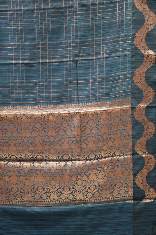 Semi Katan Silk Saree- Zari Checks-Peacock Blue