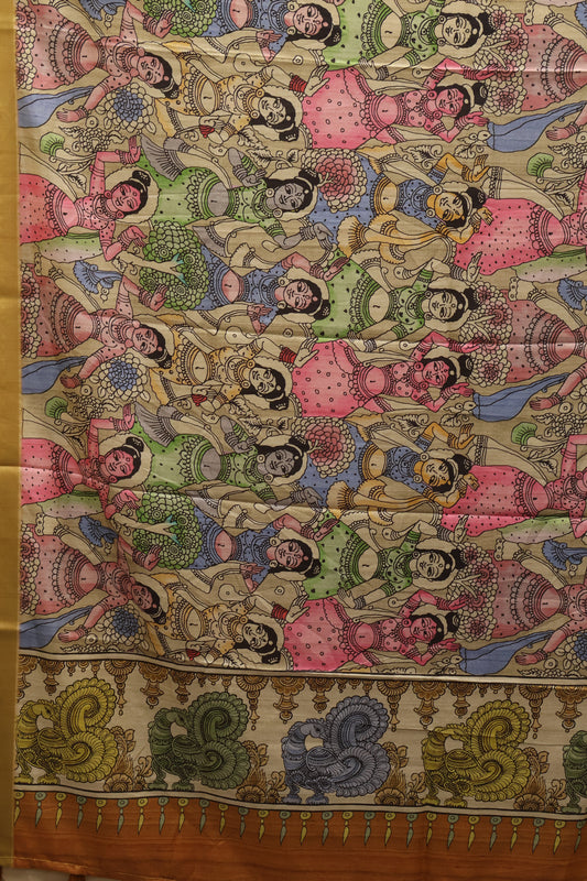 Art Mulberry Silk Saree-Sandal Penn Kalamkari