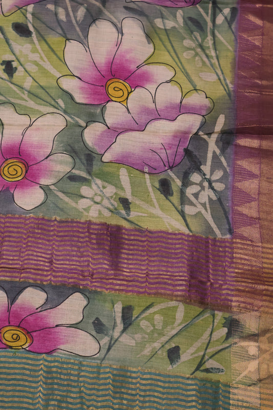 Pure Tussar Saree - Green Floral Border