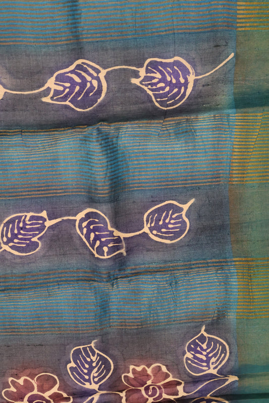 Pure Tussar Saree - Peacock Green Floral Border