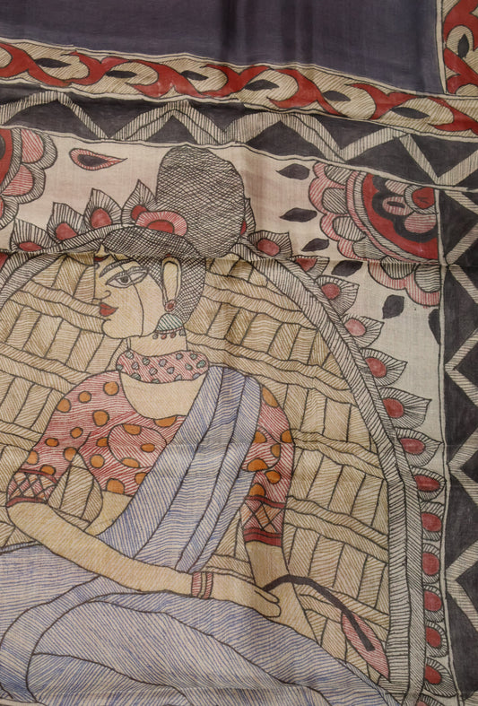 Pure Tussar Saree - Maroon Madhubani