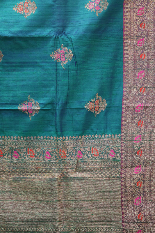 Semi Raw Silk Saree - Peacock Green
