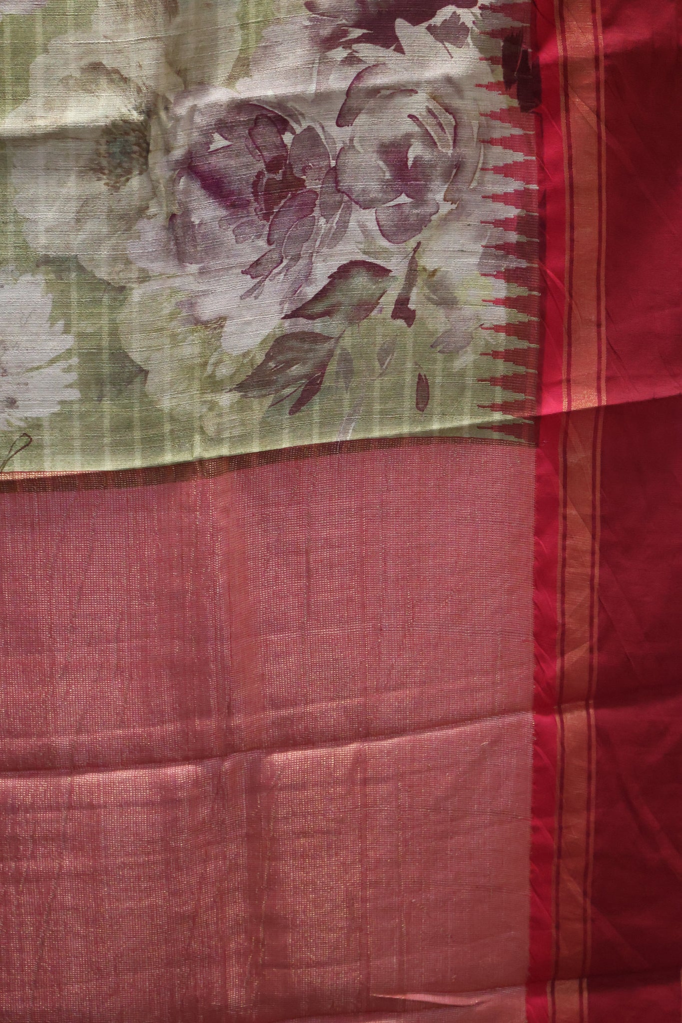 Pure Tussar Saree - Sage Green-Maroon