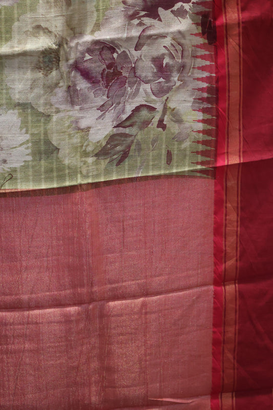 Pure Tussar Saree - Sage Green-Maroon