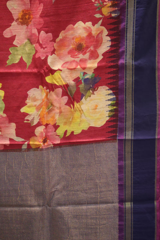Pure Tussar Saree - Dark Pink-Blue