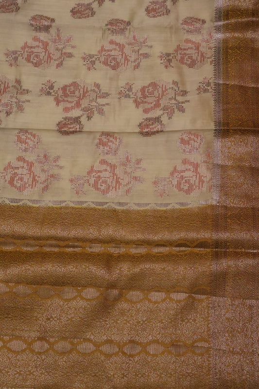 Pure Banarasi Saree Chiniya Silk - Yellow Dot Roses