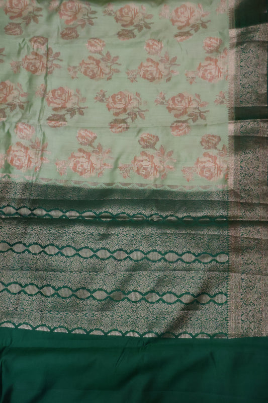 Pure Banarasi Saree Chiniya Silk -Green Dot Roses