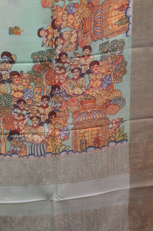 Pure Tussar Saree - Penn Kalamkari-Pista Green