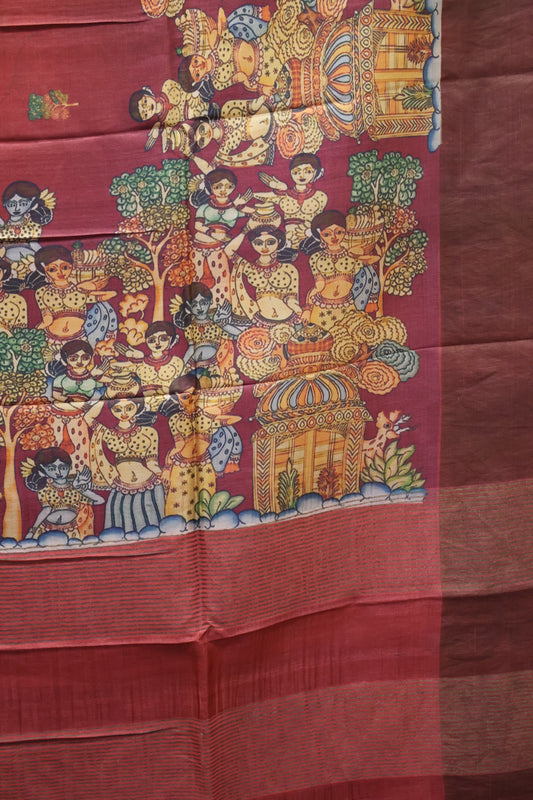 Pure Tussar Saree - Penn Kalamkari-Maroon