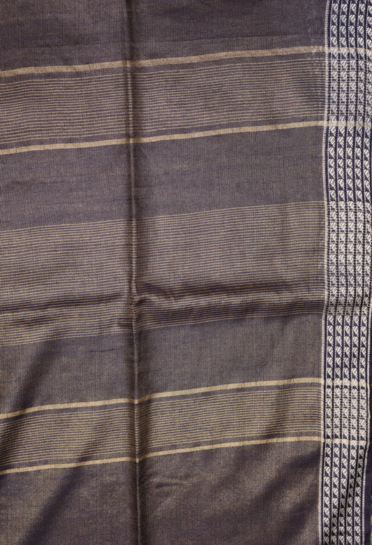 Tissue Linen Saree - Navy Blue Small Triangle Border