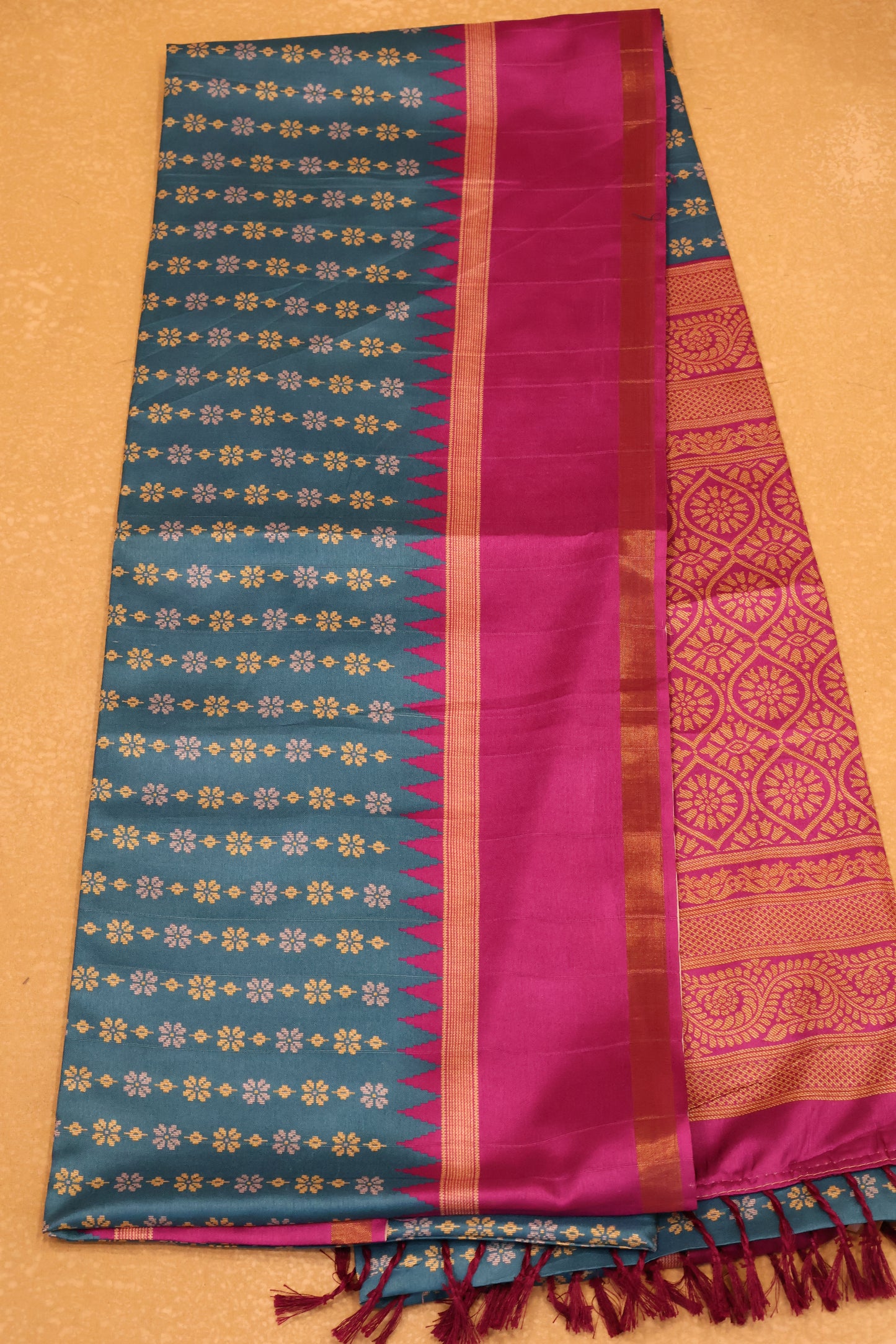 Semi Tussar Saree Floral -Peacock Blue