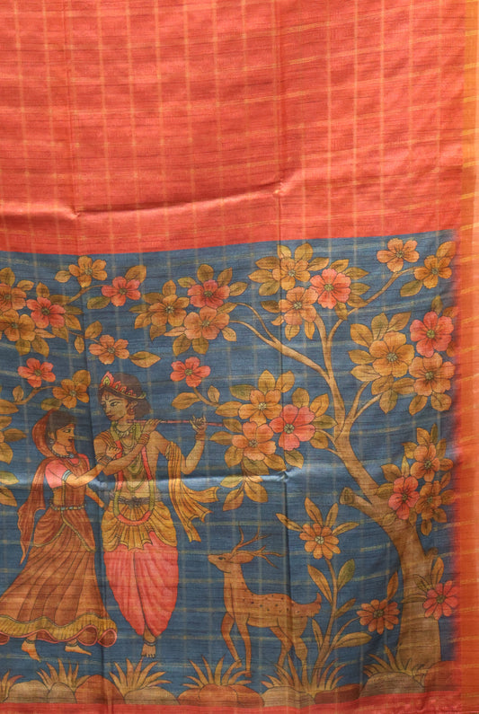 Art Tussar Saree -Red Zari Checks