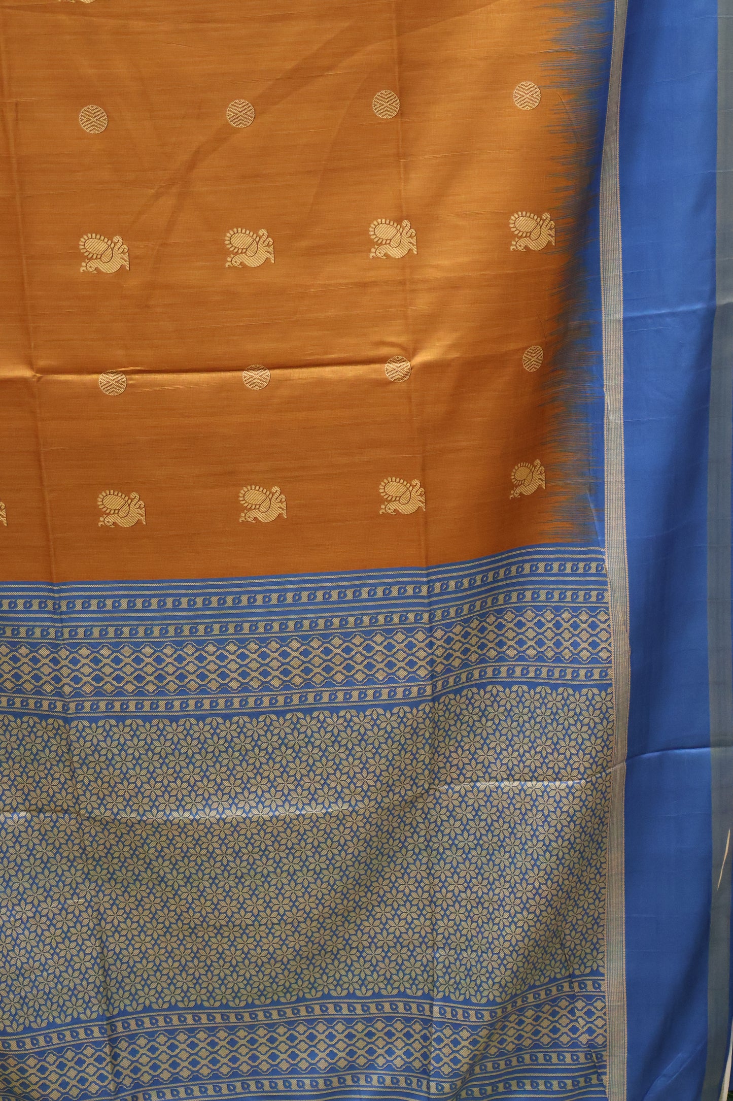 Semi Tussar Saree Peacock Print-Dark Beige