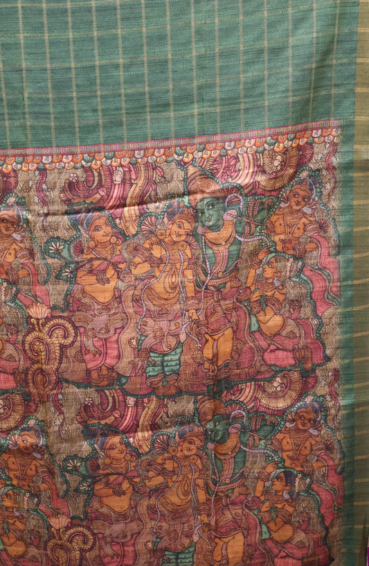 Art Tussar Saree -Green Krish Kattam Zari