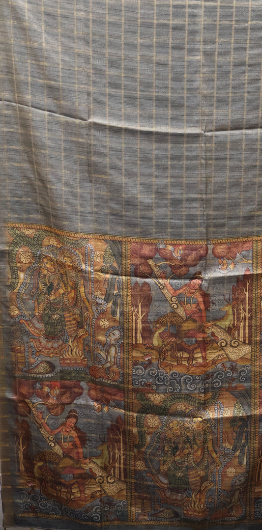Art Tussar Saree -Grey Vaibhav Kattam Zari