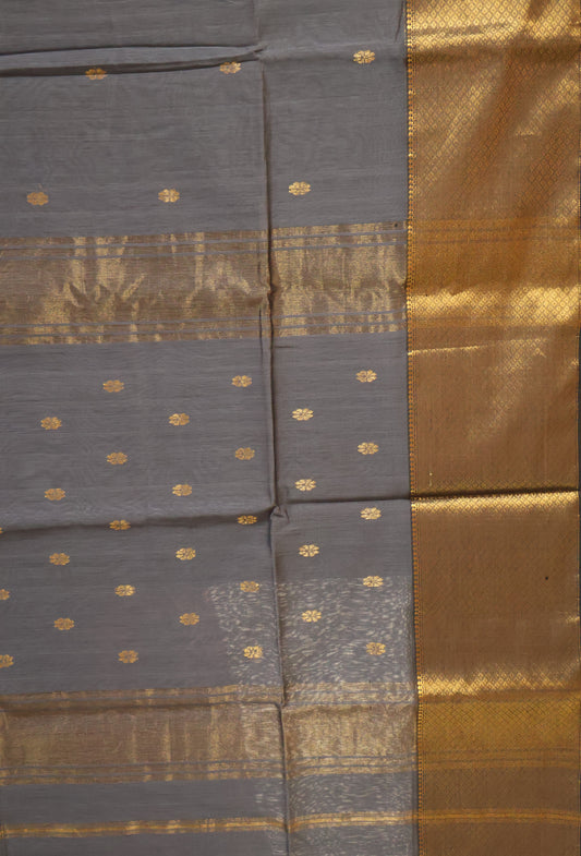 Pure Maheswari Silk Cotton saree-Elephant Grey Zari Checks