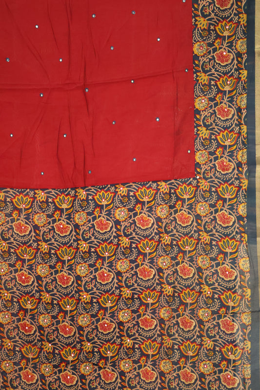 Malai Cotton Saree-Red Blue Lotus Pattern