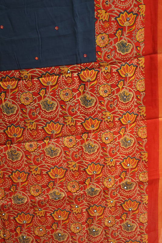 Malai Cotton Saree-Peacock Blue Lotus Pattern