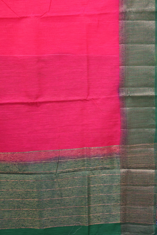 Bamboo Silk Saree- Rani Pink-Green
