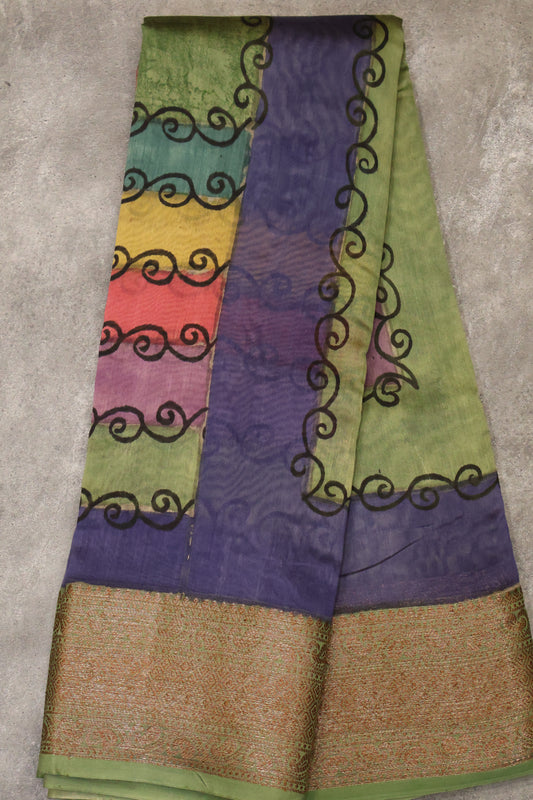 Chanderi Silk Cotton Saree-Navy Blue-Green