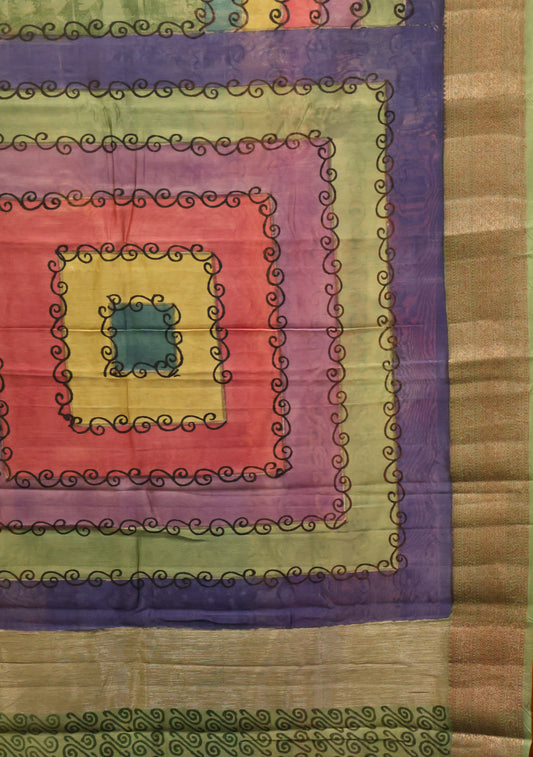 Chanderi Silk Cotton Saree-Navy Blue-Green