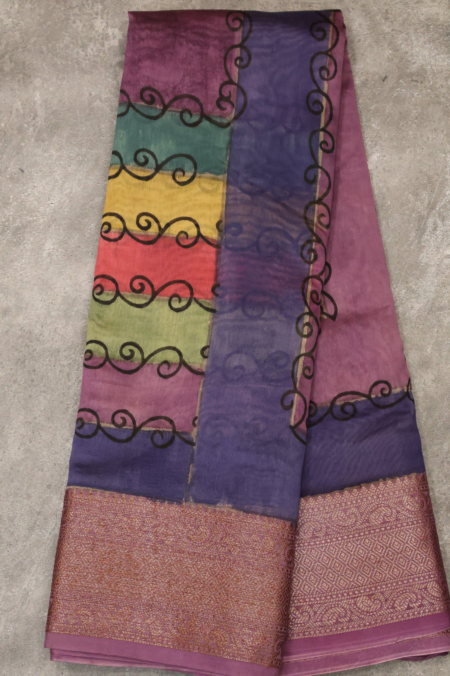 Chanderi Silk Cotton Saree-Navy blue-Lavender