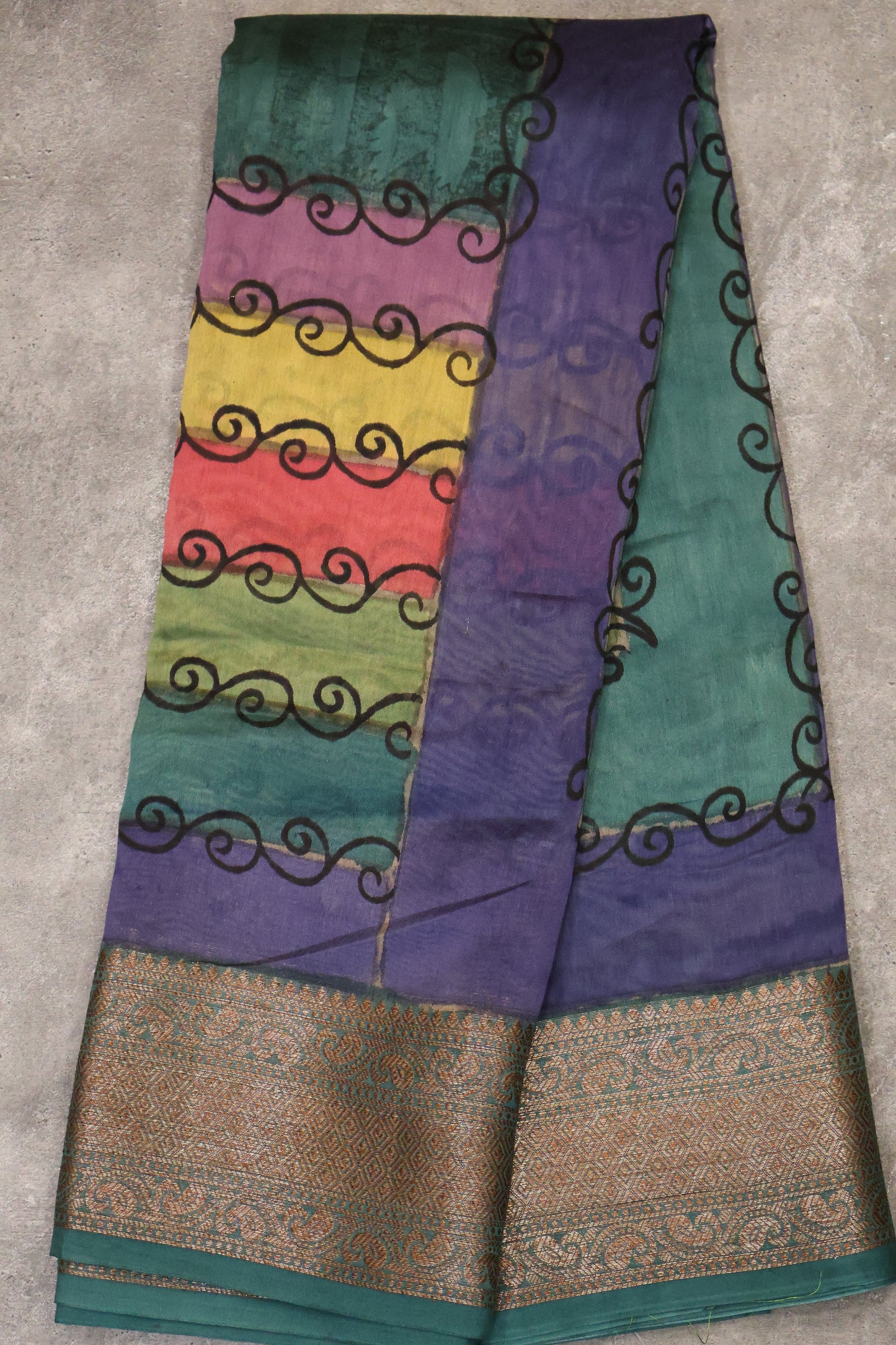 Chanderi Silk Cotton Saree-Navy blue-Peacock Green