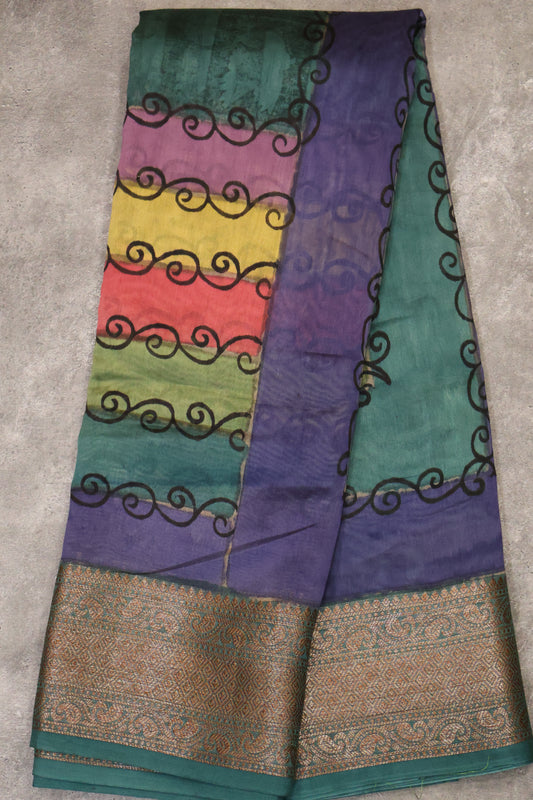 Chanderi Silk Cotton Saree-Navy blue-Peacock Green