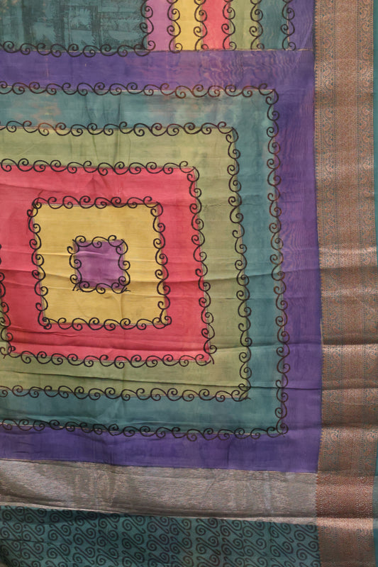 Chanderi Silk Cotton Saree-Navy blue-Peacock Green