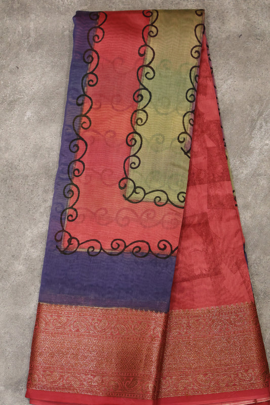 Chanderi Silk Cotton Saree-Navy blue-Maroon