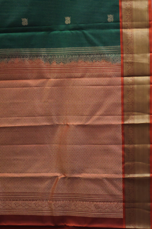 Pure Kanjivaram Silk Saree -Green Mini Checks