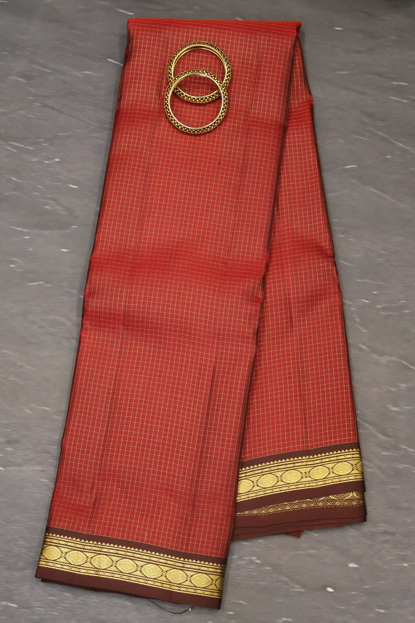 Pure Kanchipuram Silk Saree -Maroon Mini Checks