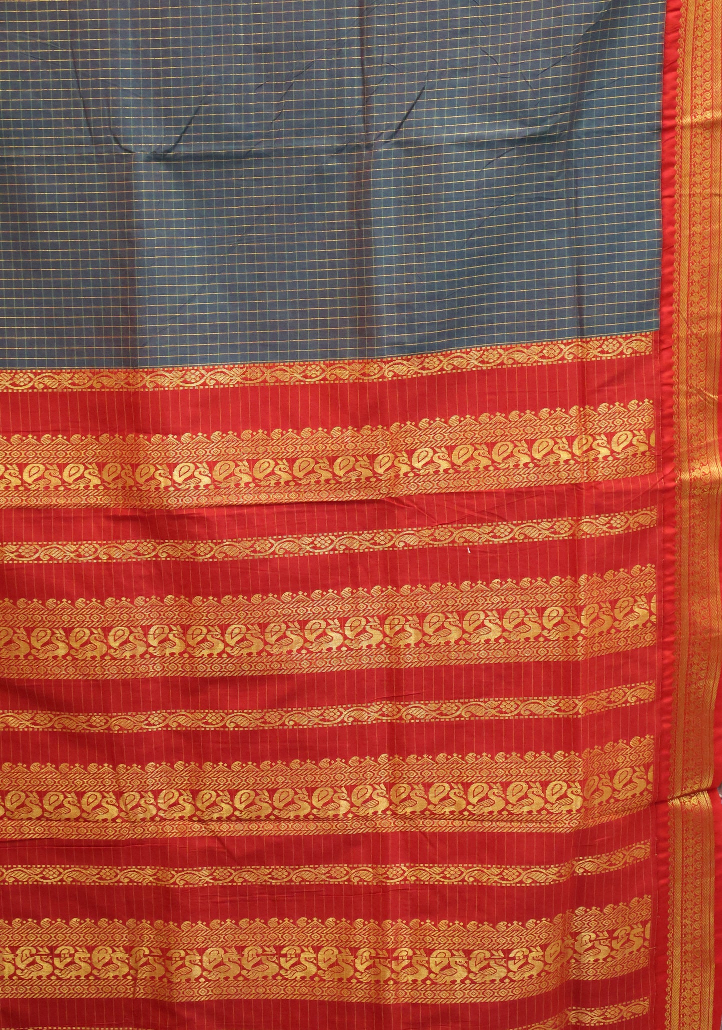 Kalyani Cotton-Checkred Pattern Peacock-Blue