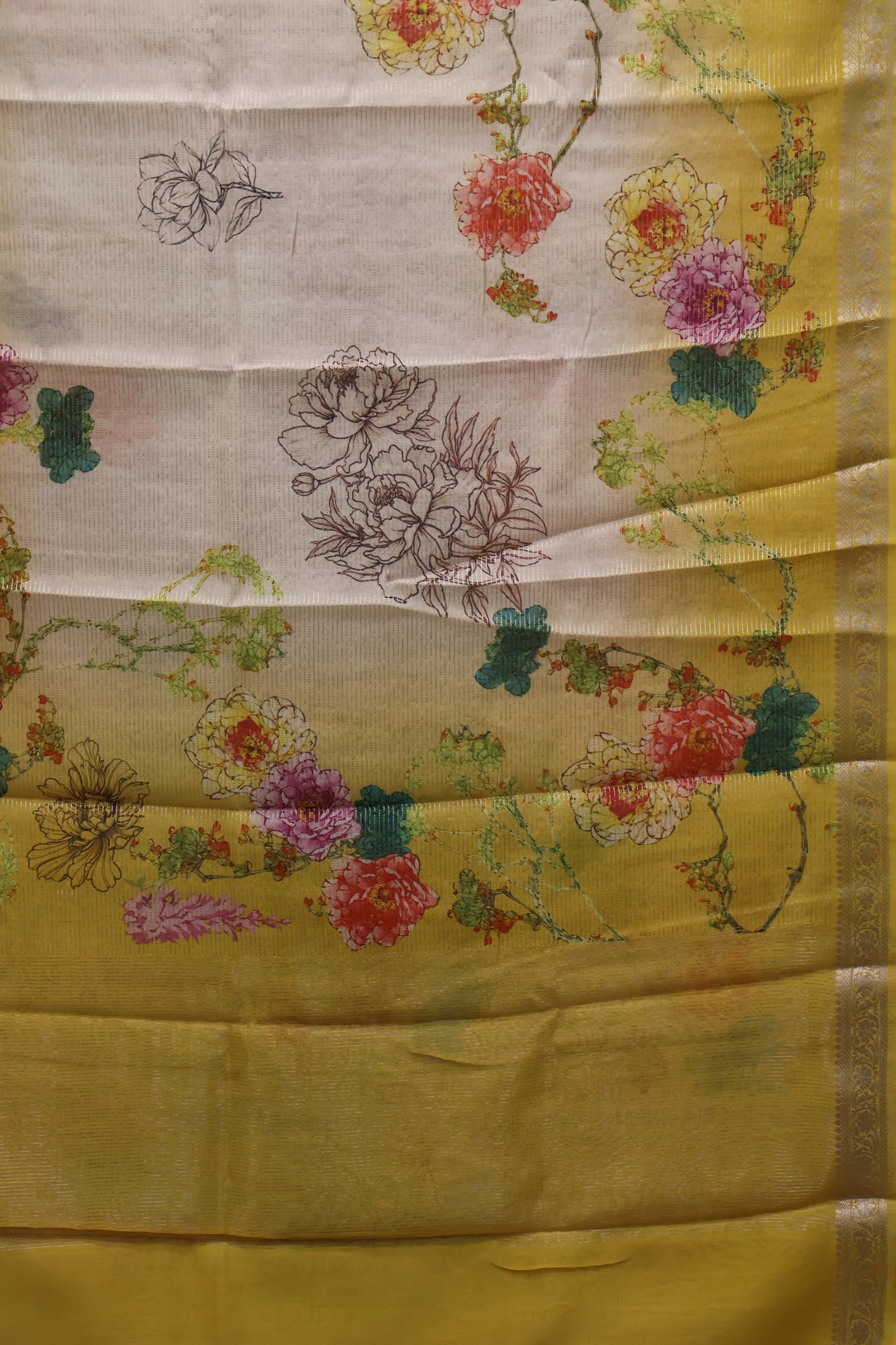 Chanderi Saree Pichwai Print -Yellow Zari Line