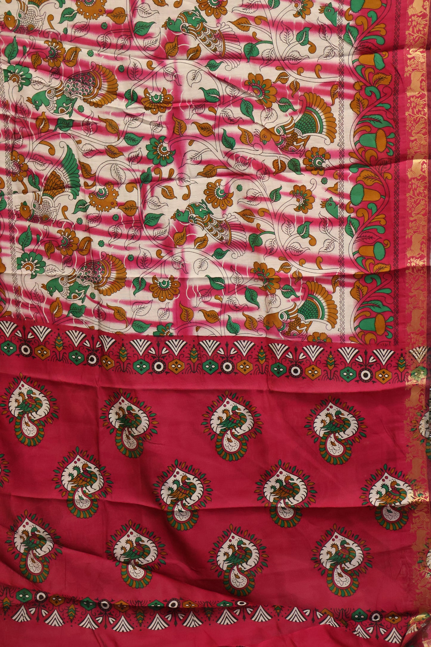 Malai Cotton Saree Kalamkari Print - Magenta