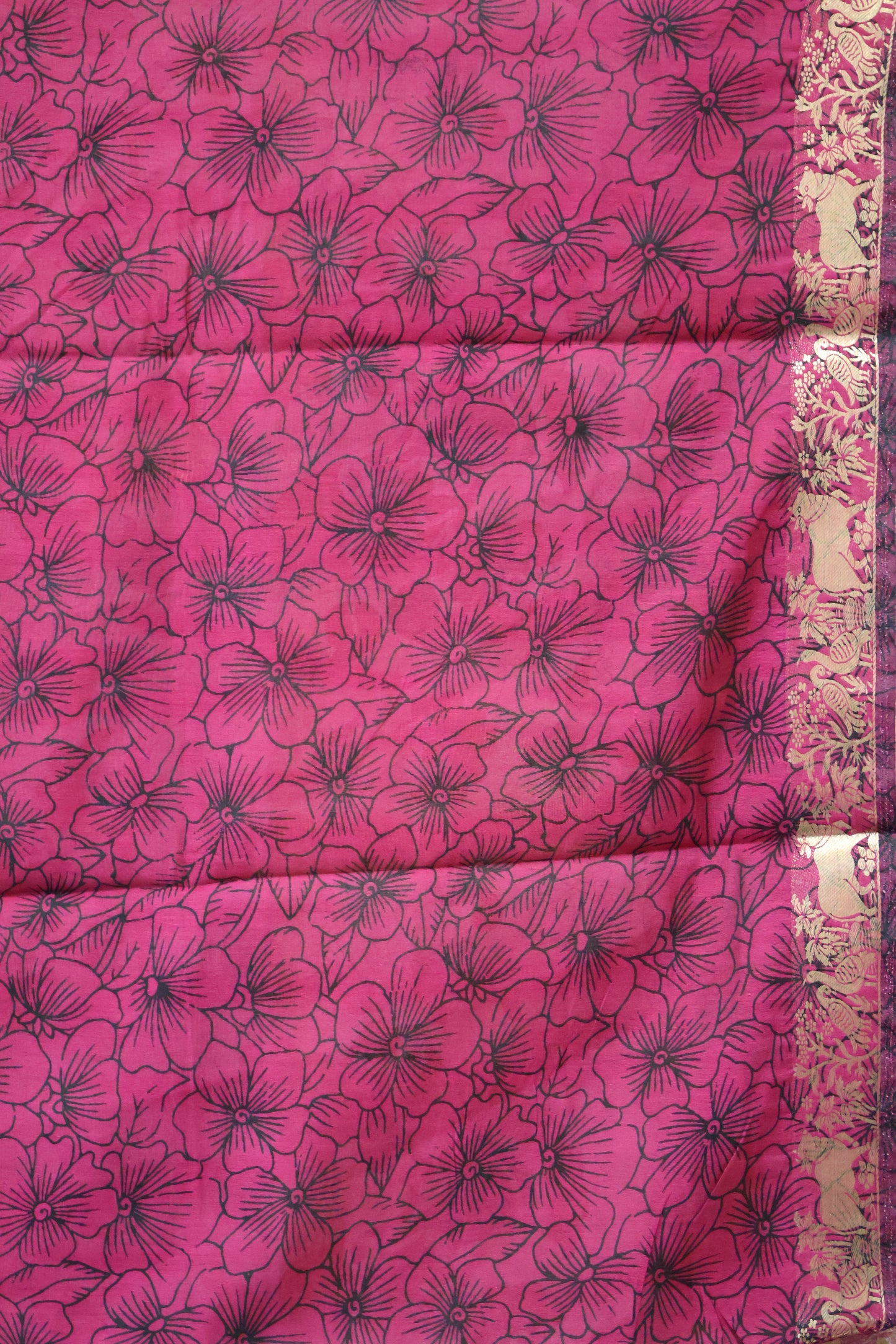 Malai Cotton Saree Kalamkari Print - Magenta