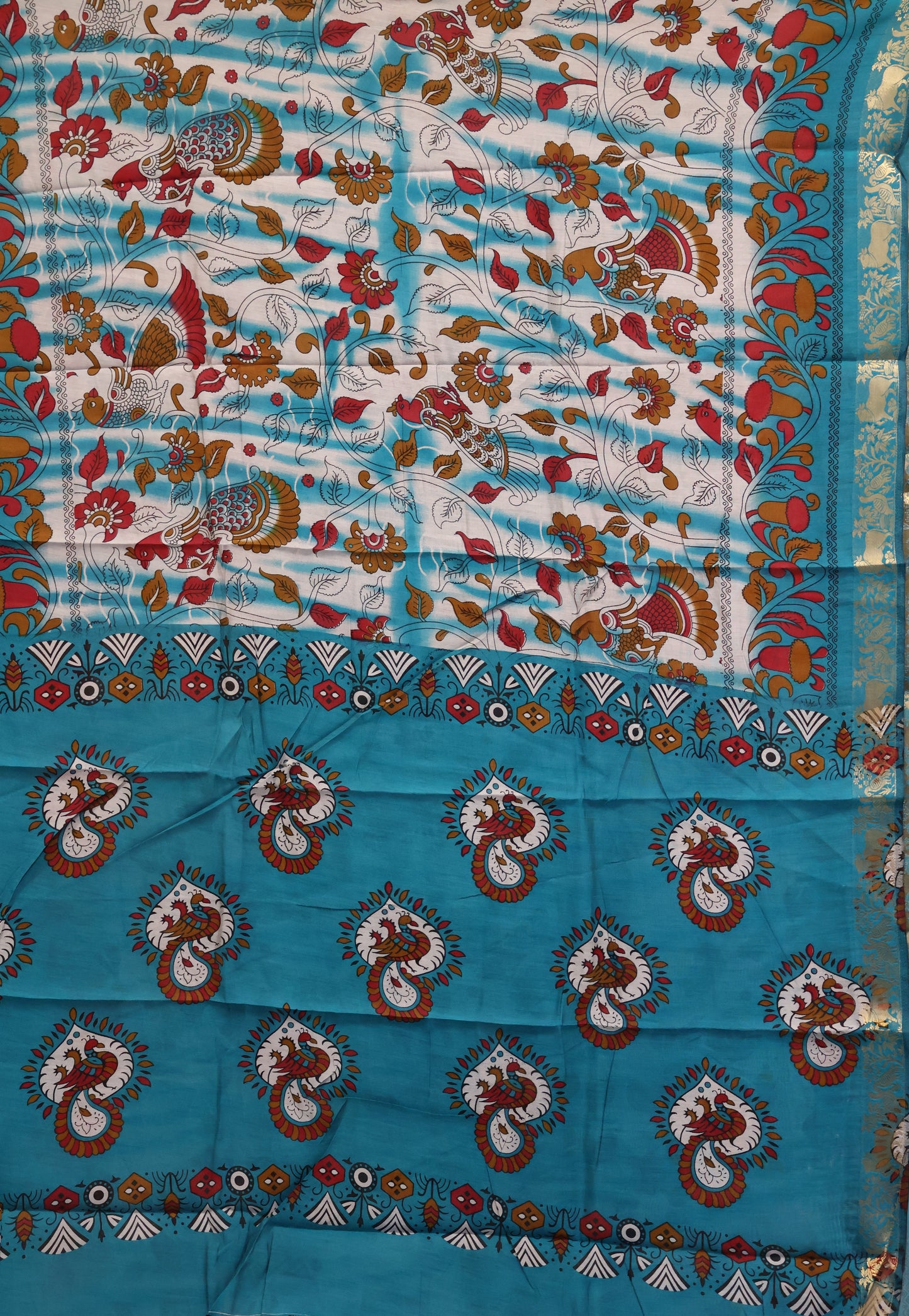 Malai Cotton Saree Kalamkari Print -Blue