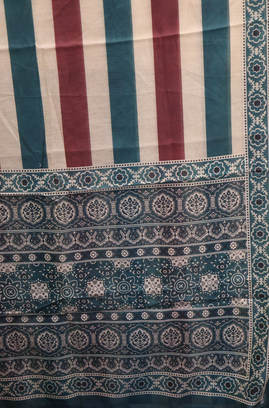 Semi Chanderi Saree-Green Vertical Pattern