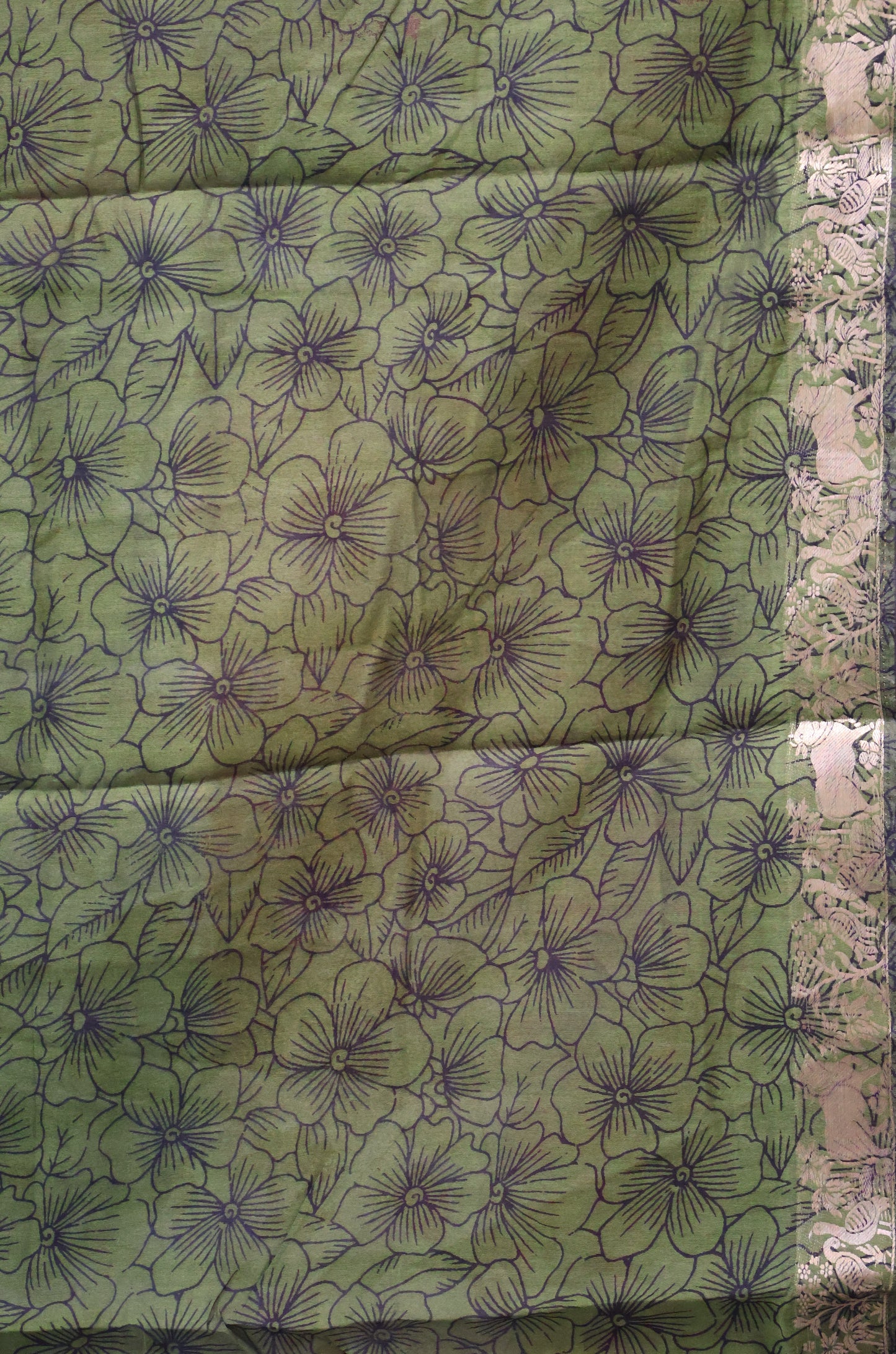 Malai Cotton Saree Kalamkari Print -Olive Green
