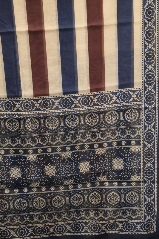 Semi Chanderi Saree-Blue Vertical Pattern