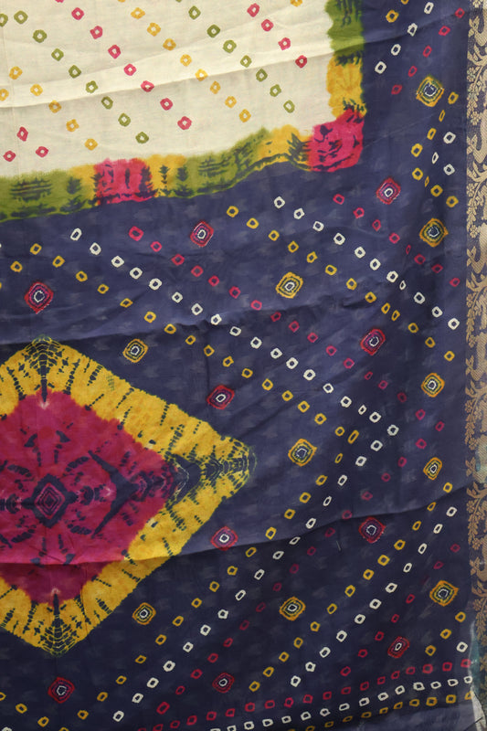 Malai Cotton Saree-Navy Blue Bandhani Deer Pattern