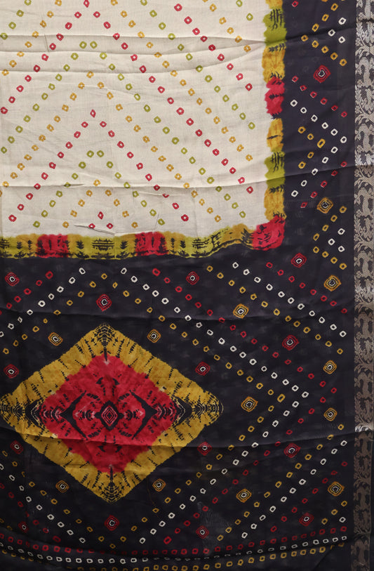 Malai Cotton Saree-Black Bandhani Deer Pattern